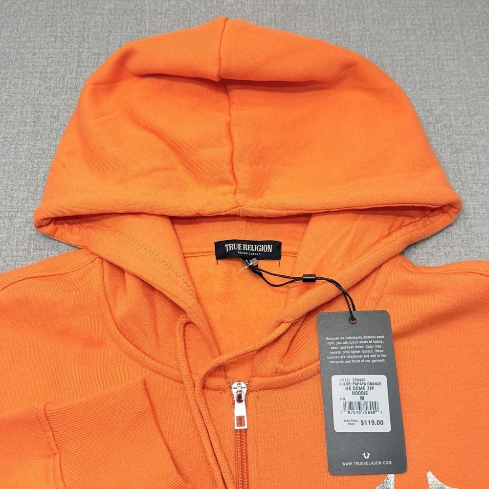 True Religion Metallic Buddha Zip Hoodie Mens M Papaya Orange Fleece NWT 700440